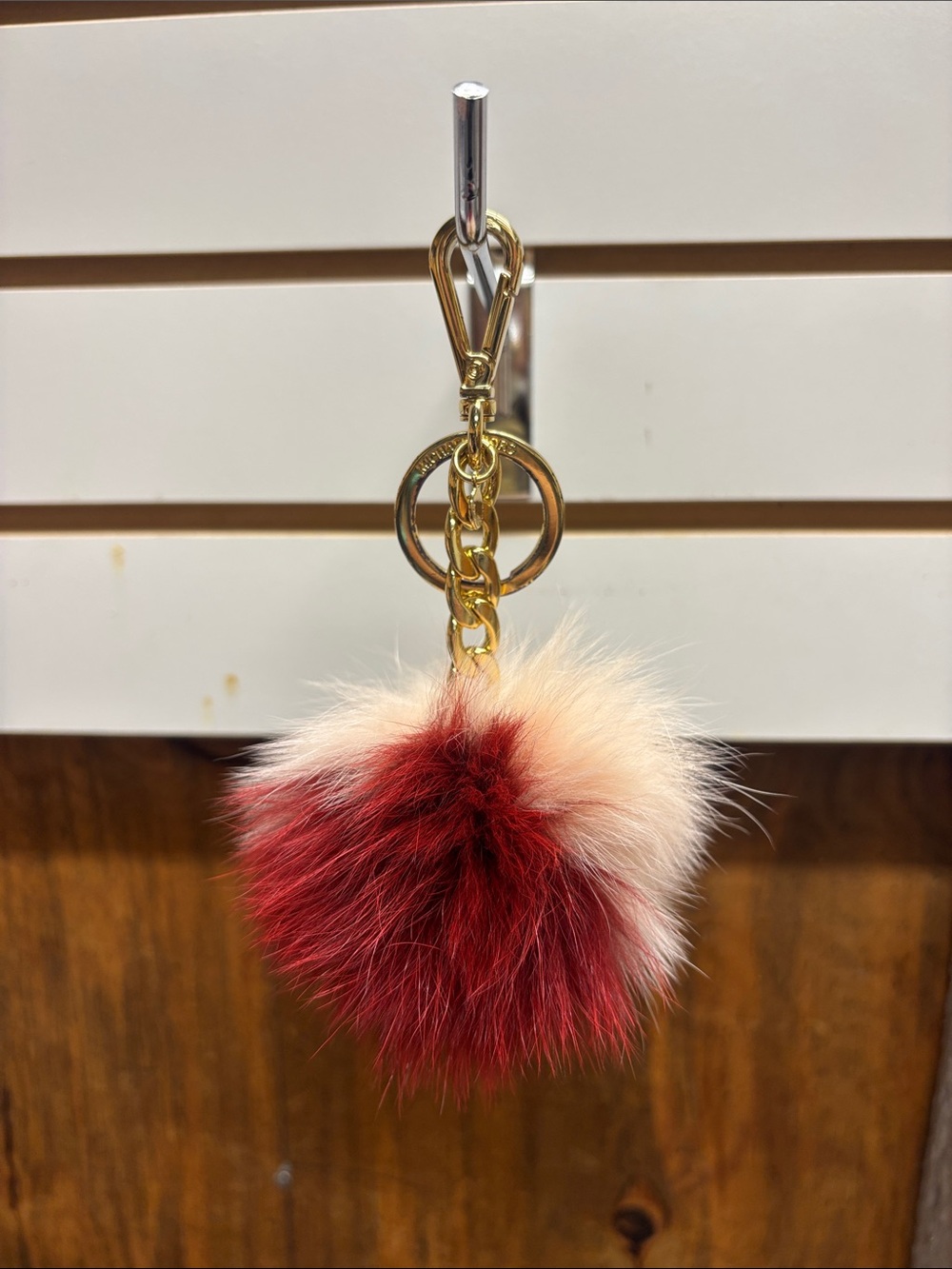 Michael Kors Red & Cream Pom Pom Keychain with Gold Hardware